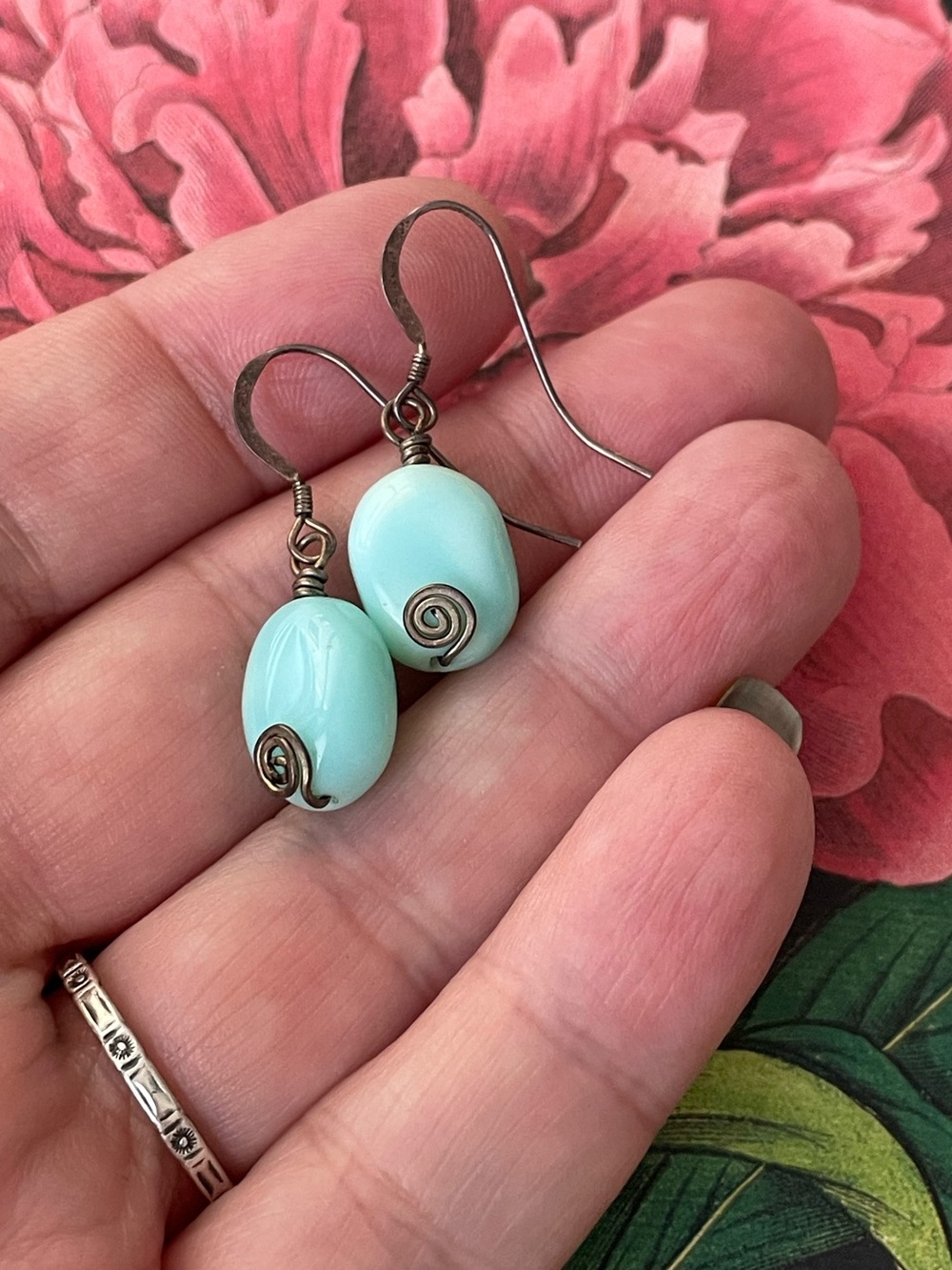 Stamped 925 sterling silver & light blue glass/polished stone dangle earrings